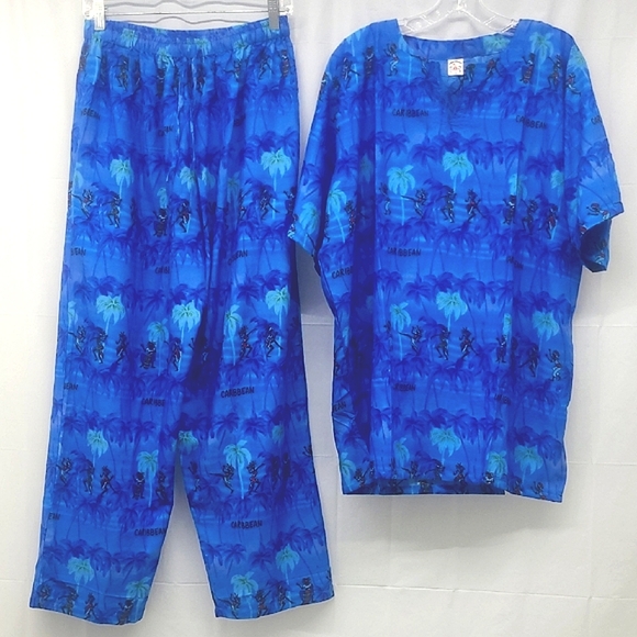 2 Piece Blue Matching Tunic & Pants Caribbean Palms & Dancers Print Resortwear - Picture 1 of 11